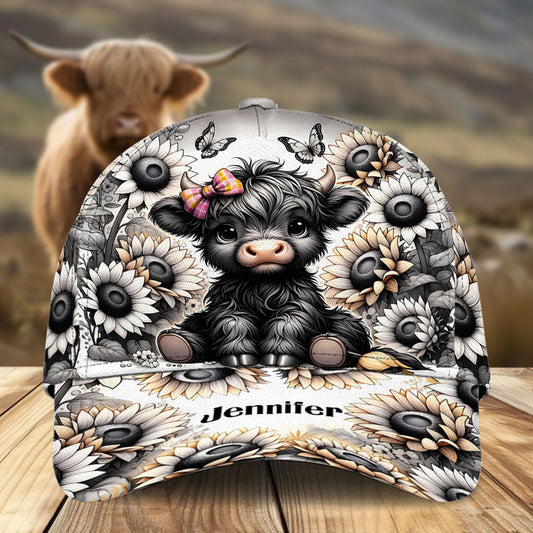 Black and White Highland Cow Flower - Personalized Highland Cow Classic Cap