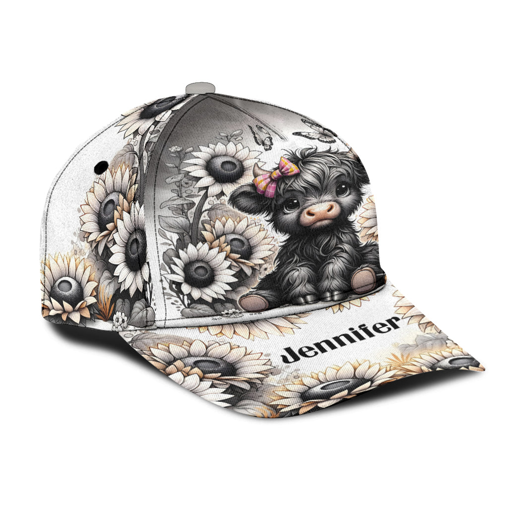 Black and White Highland Cow Flower - Personalized Highland Cow Classic Cap