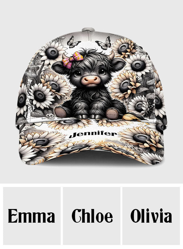 Black and White Highland Cow Flower - Personalized Highland Cow Classic Cap