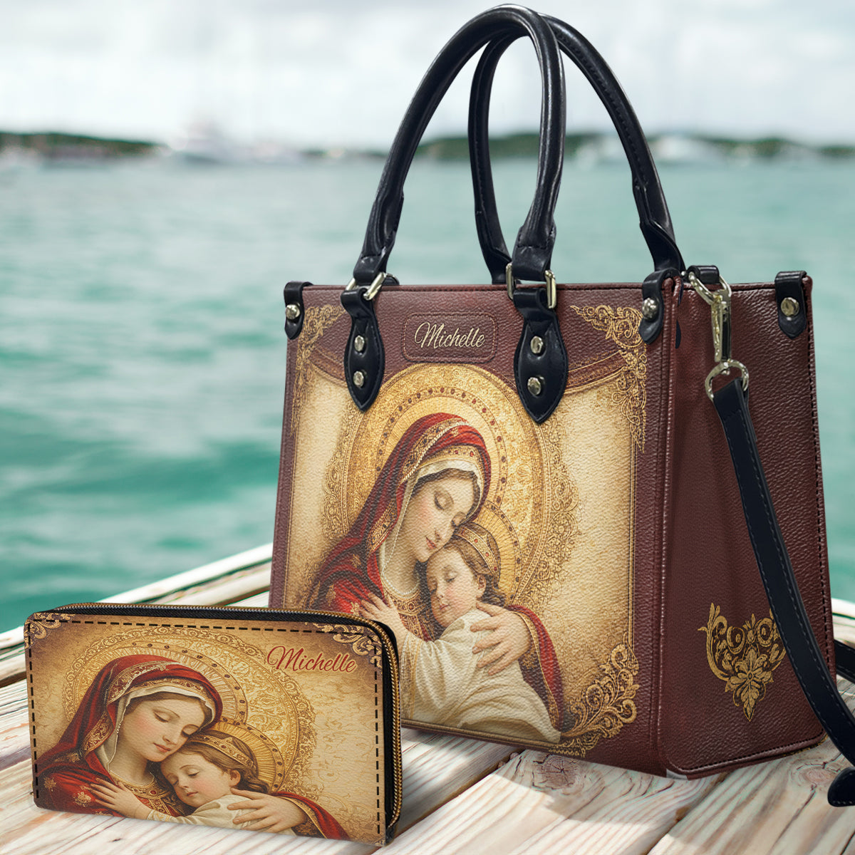 Virgin Mary Mother - Personalized Christian Leather Handbag & Leather Long Wallet