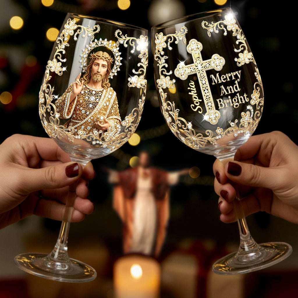 Jesus Christmas Merry And Bright - Personalized Christian Wine Glass With Long Stem