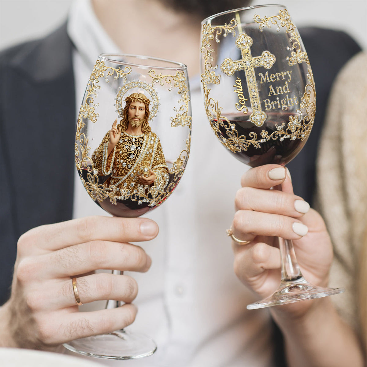 Jesus Christmas Merry And Bright - Personalized Christian Wine Glass With Long Stem