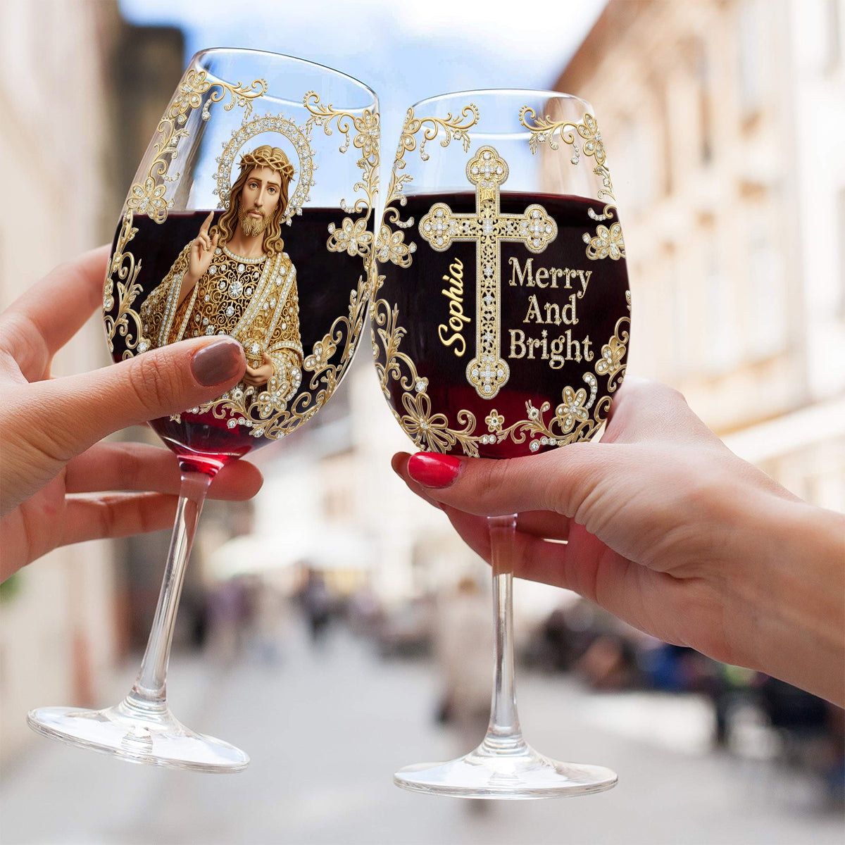 Jesus Christmas Merry And Bright - Personalized Christian Wine Glass With Long Stem