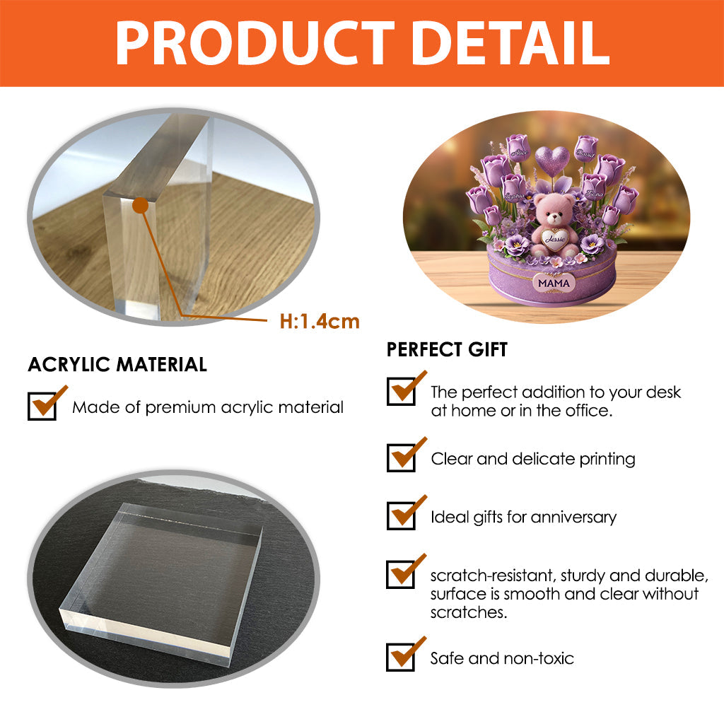 Mom Grandma Bear And Flowers - Personalized Mother Custom Shaped Acrylic Plaque