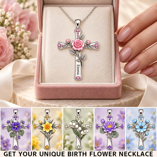 Believe Birth Flower Cross Gift For Mom, Grandma & Friends - Personalized Self Love Shaped Metal Pendant Necklace