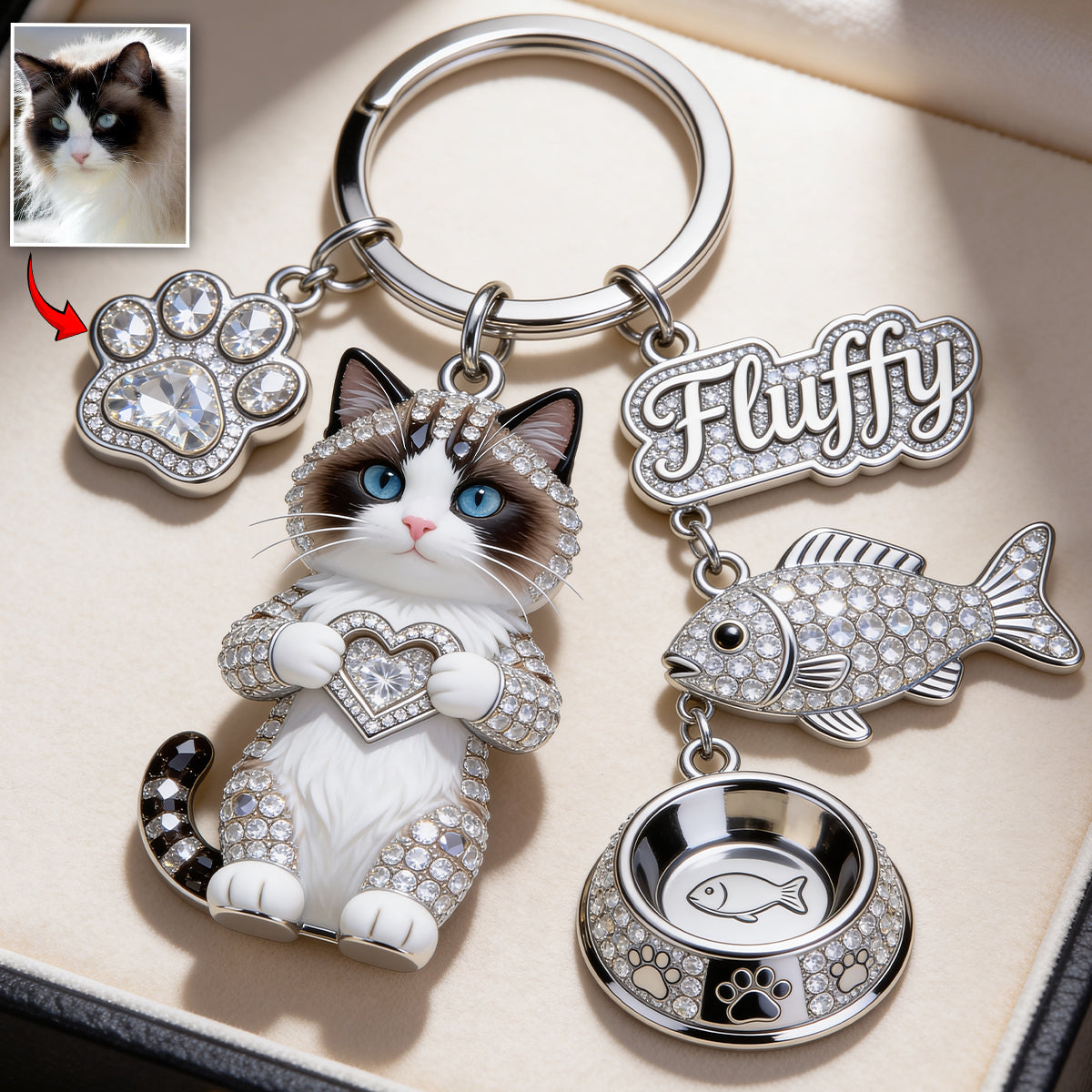 Ich liebe meine Katze - Personalisierter Katzen Premium Schlüsselanhänger mit Charms