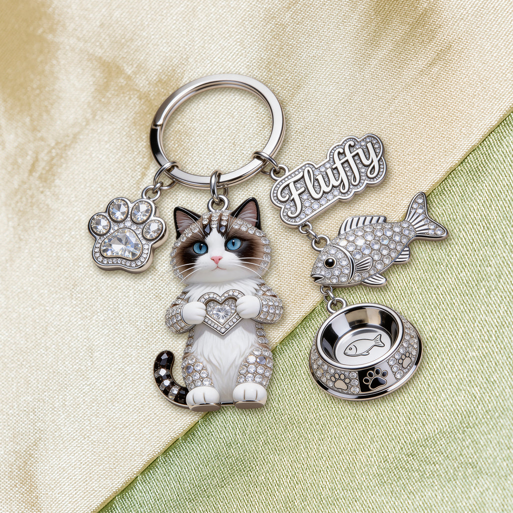 Ich liebe meine Katze - Personalisierter Katzen Premium Schlüsselanhänger mit Charms