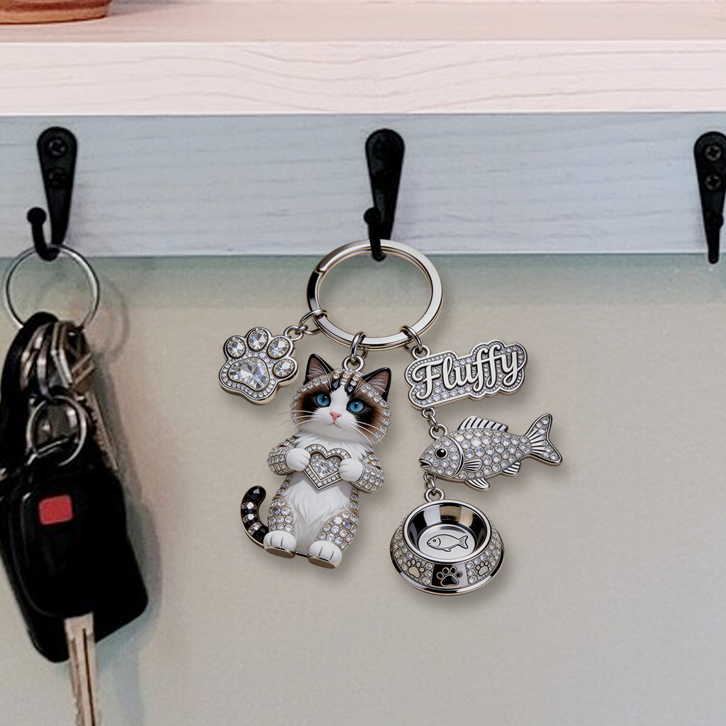 Ich liebe meine Katze - Personalisierter Katzen Premium Schlüsselanhänger mit Charms