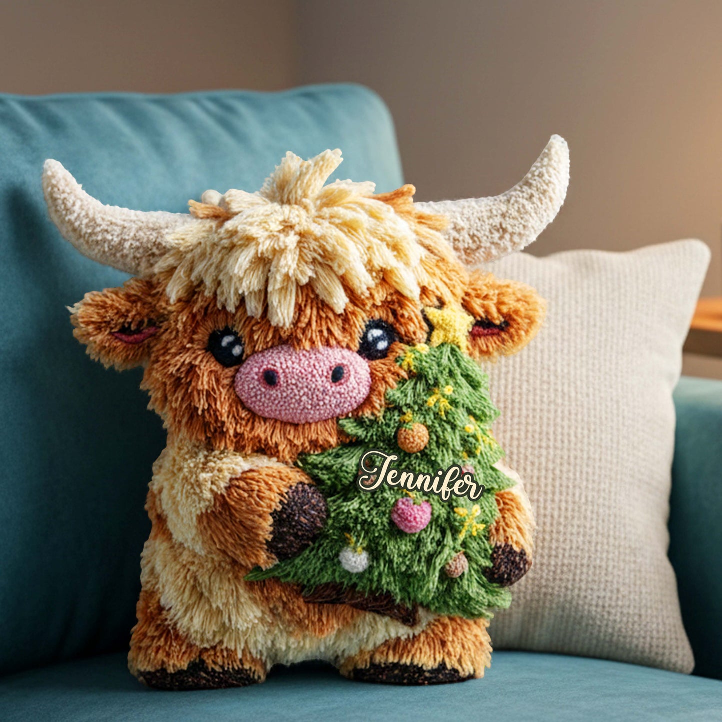 Cute Highland Cow Merry Christmas - Personalized Highland Cow Shaped Pillow