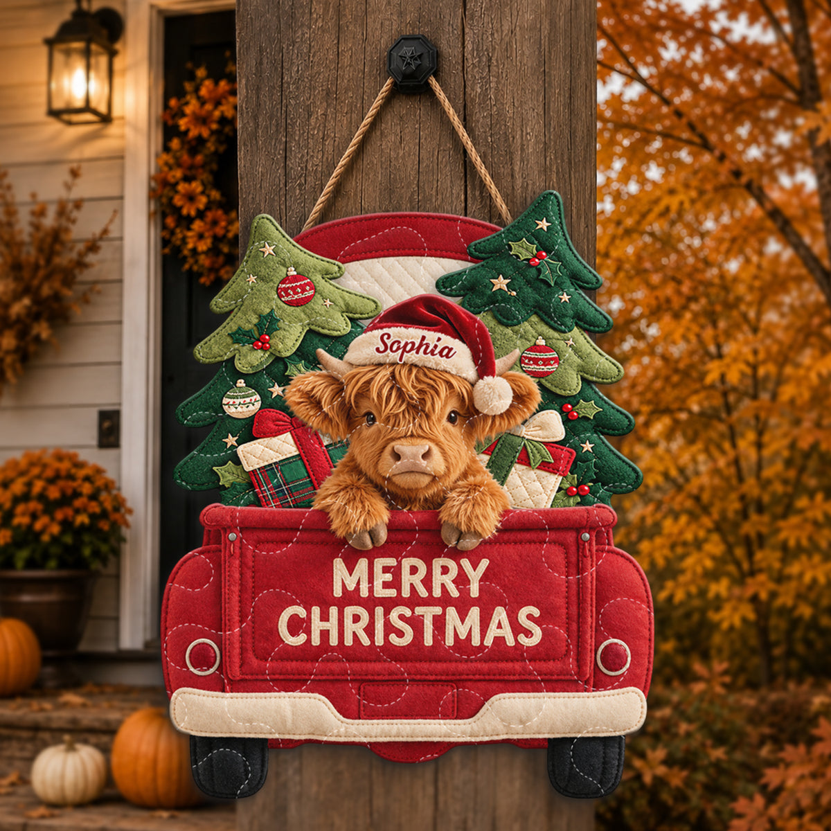Merry Christmas - Personalized Highland Cow Quilted Door Hanger