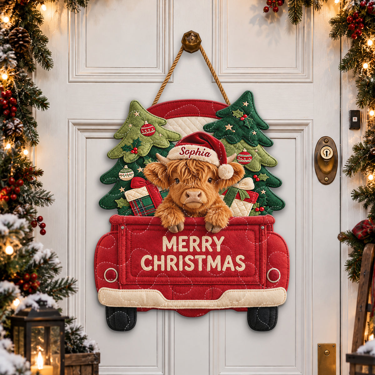 Merry Christmas - Personalized Highland Cow Quilted Door Hanger