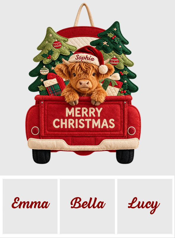 Merry Christmas - Personalized Highland Cow Quilted Door Hanger