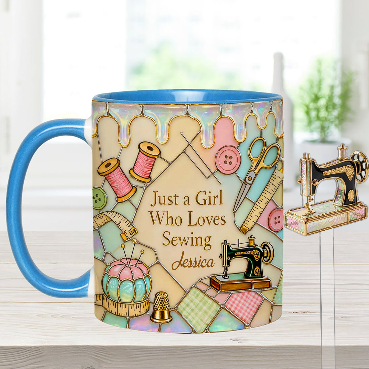 Juste une fille qui aime coudre - Mug personnalisé avec ensemble de couture et agitateurs en acrylique