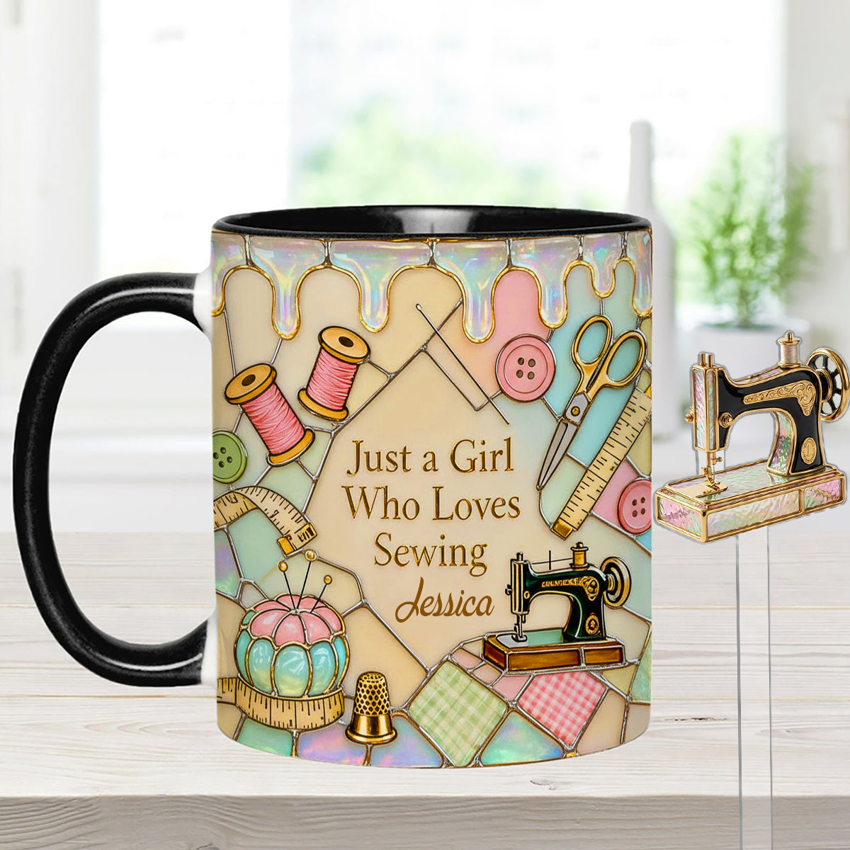 Juste une fille qui aime coudre - Mug personnalisé avec ensemble de couture et agitateurs en acrylique