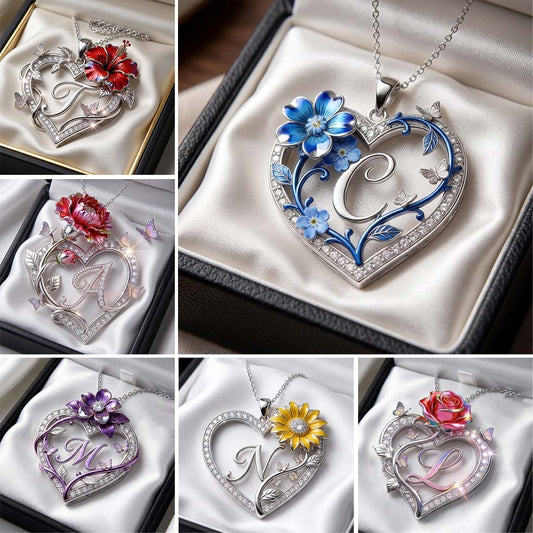 Inital Necklace, Birth Month Flowers - Personalized Birth Month Flower Shaped Metal Pendant Necklace