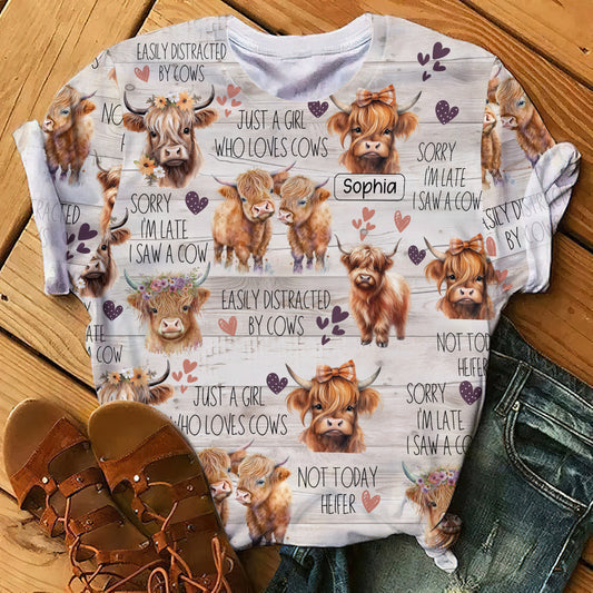 Une fille qui aime les vaches des Highlands - T-shirt personnalisé avec motif vache des Highlands
