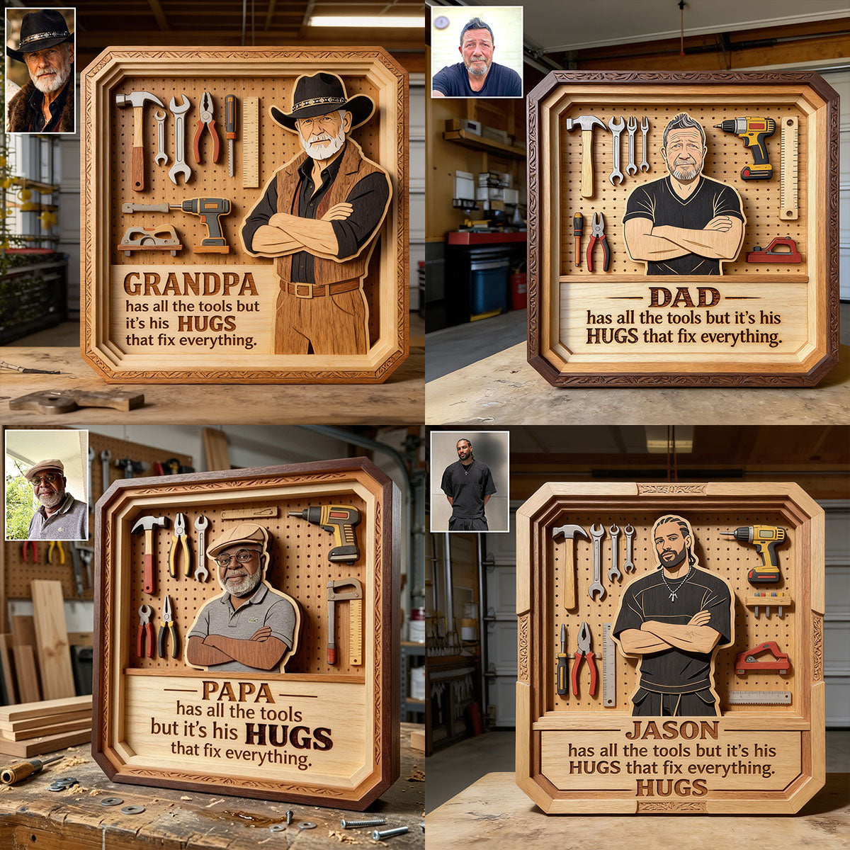 Dad/ Grandpa.. Has All The Tools, But It's His Hugs That Fix Everything - Personalized Father Custom Shaped Wood Plaque