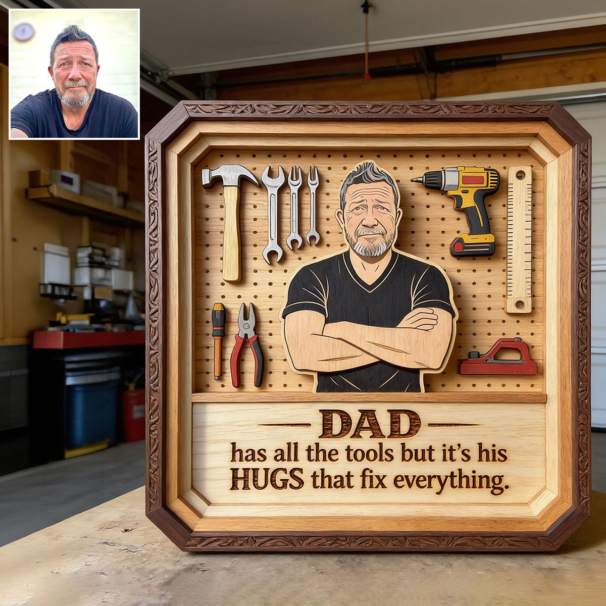Dad/ Grandpa.. Has All The Tools, But It's His Hugs That Fix Everything - Personalized Father Custom Shaped Wood Plaque