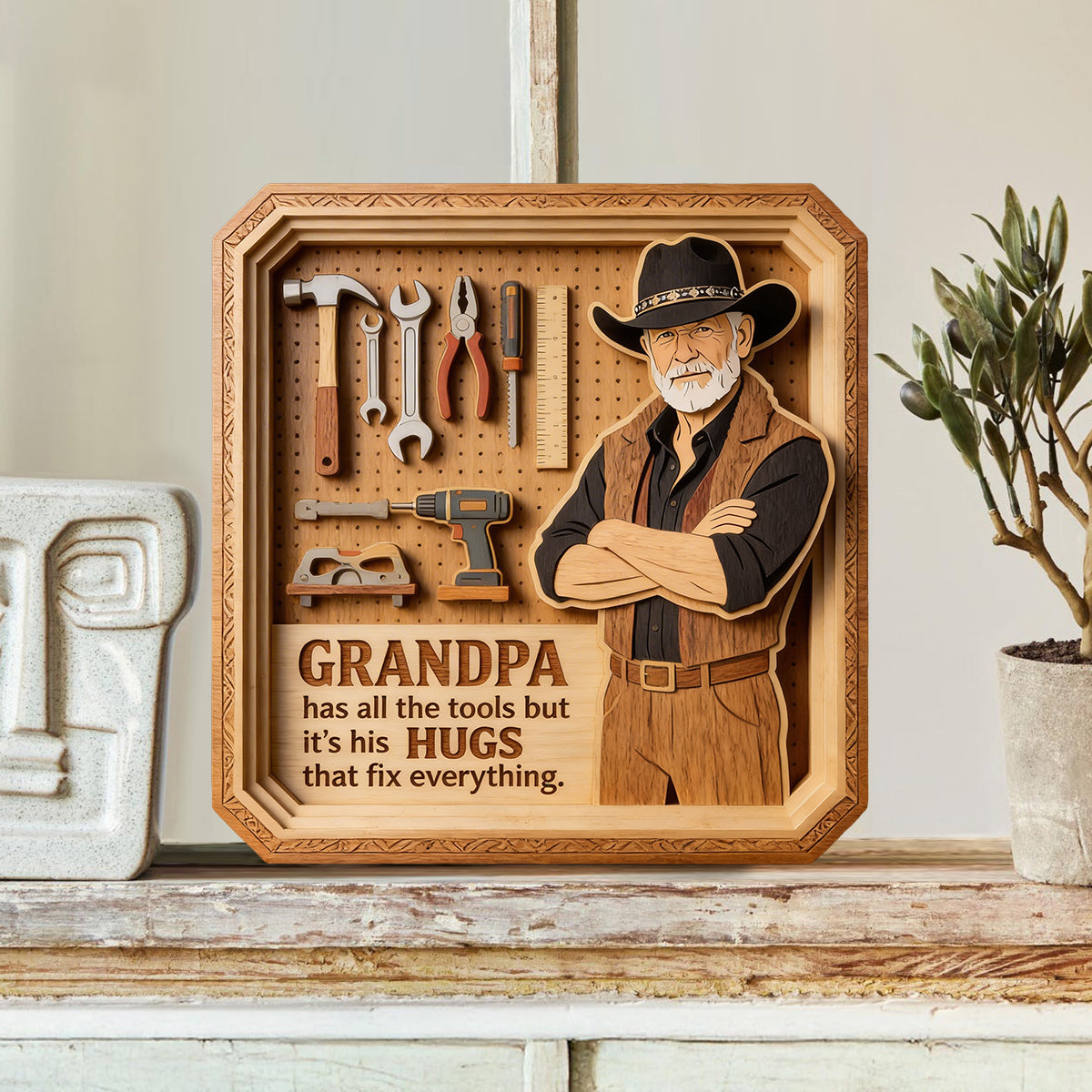 Dad/ Grandpa.. Has All The Tools, But It's His Hugs That Fix Everything - Personalized Father Custom Shaped Wood Plaque