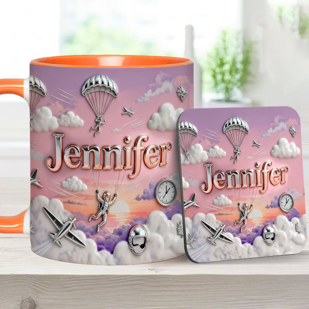 Ich liebe Fallschirmspringen – Personalisierte Tasse und Untersetzer mit Fallschirmspringer-Motiv