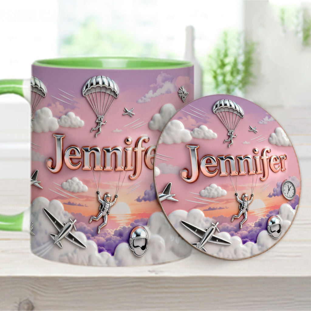 Ich liebe Fallschirmspringen – Personalisierte Tasse und Untersetzer mit Fallschirmspringer-Motiv