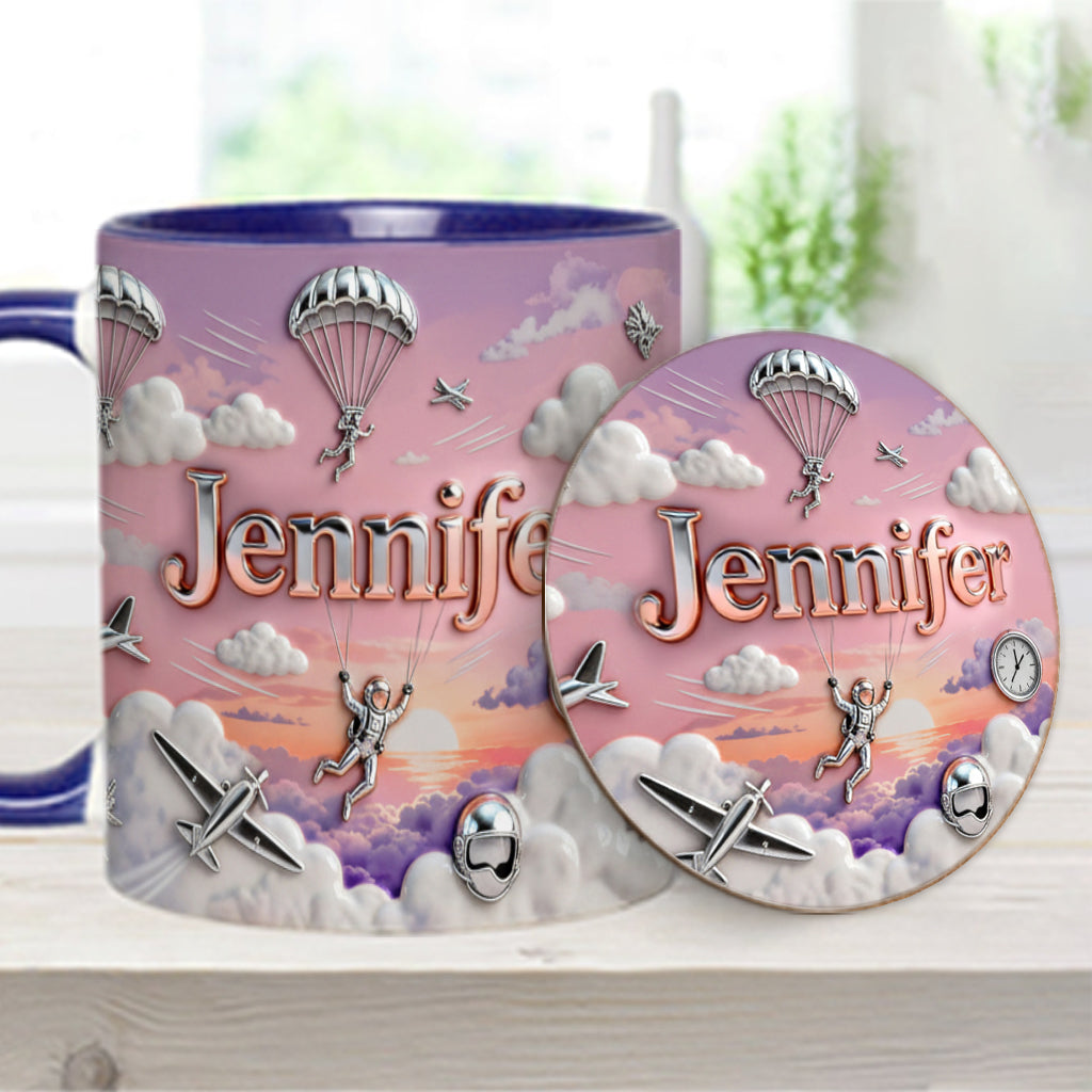 Ich liebe Fallschirmspringen – Personalisierte Tasse und Untersetzer mit Fallschirmspringer-Motiv