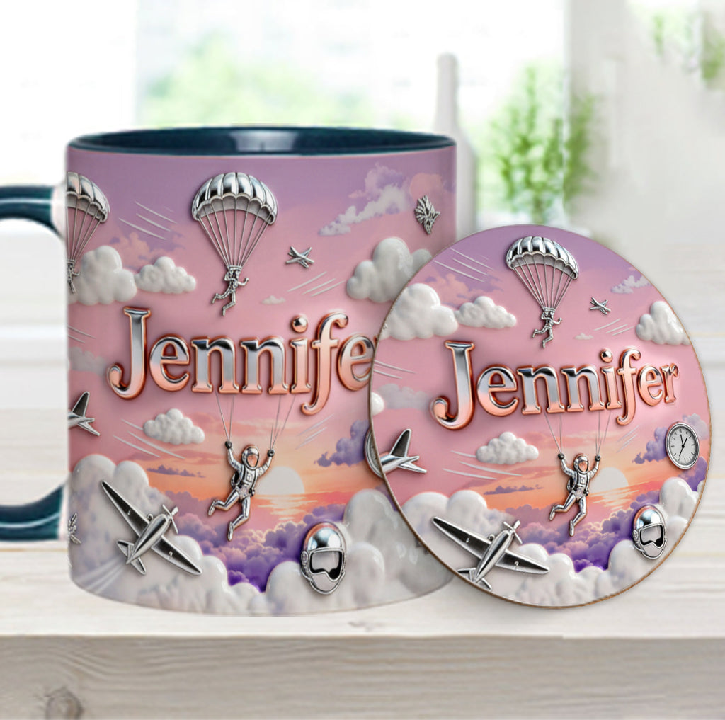 Ich liebe Fallschirmspringen – Personalisierte Tasse und Untersetzer mit Fallschirmspringer-Motiv