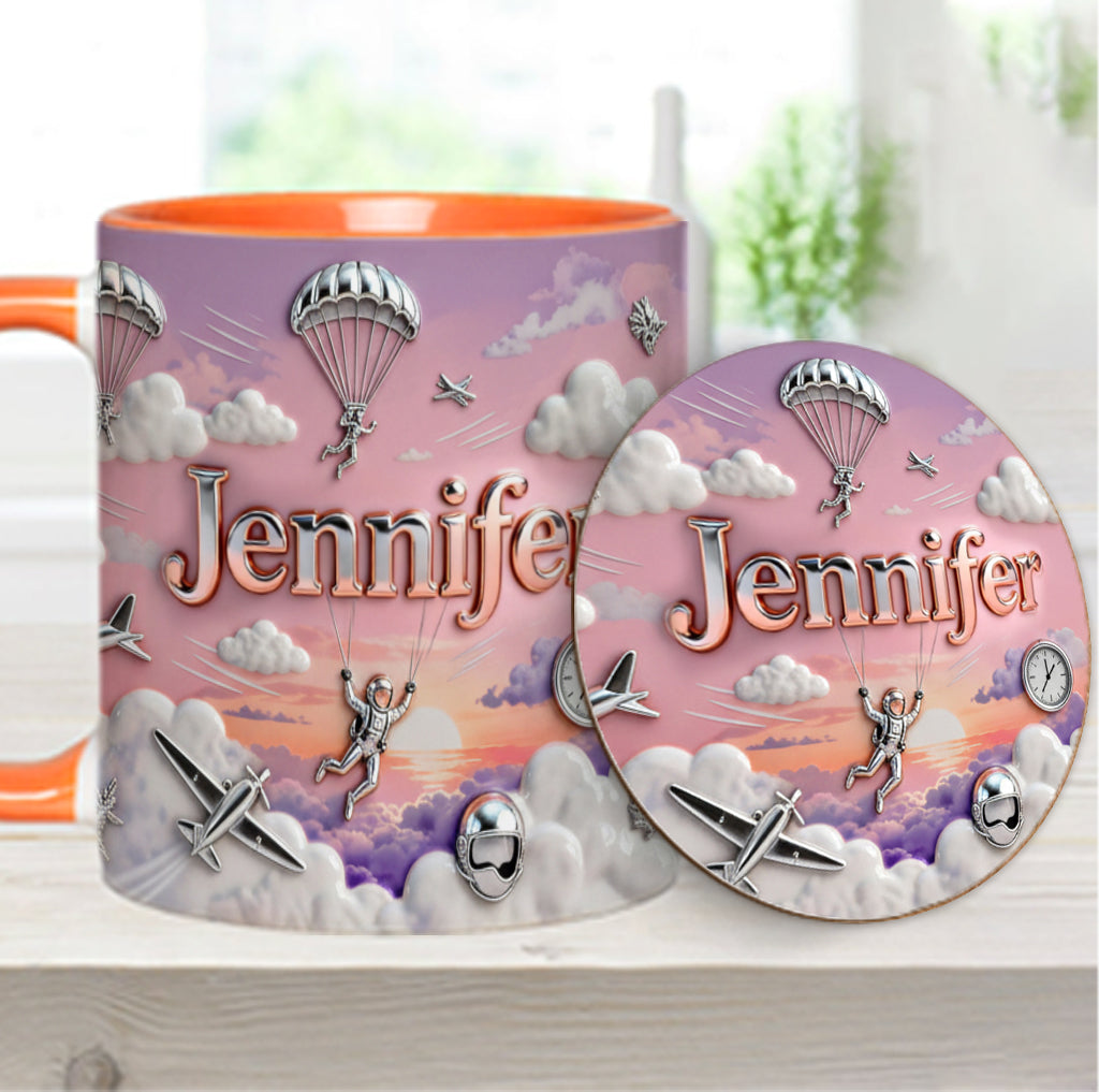 Ich liebe Fallschirmspringen – Personalisierte Tasse und Untersetzer mit Fallschirmspringer-Motiv