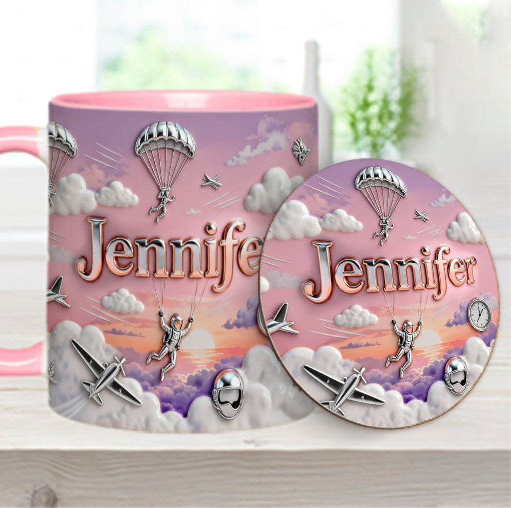 Ich liebe Fallschirmspringen – Personalisierte Tasse und Untersetzer mit Fallschirmspringer-Motiv