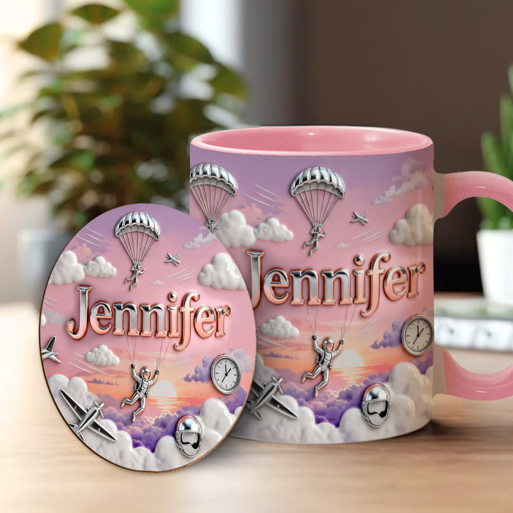 Ich liebe Fallschirmspringen – Personalisierte Tasse und Untersetzer mit Fallschirmspringer-Motiv