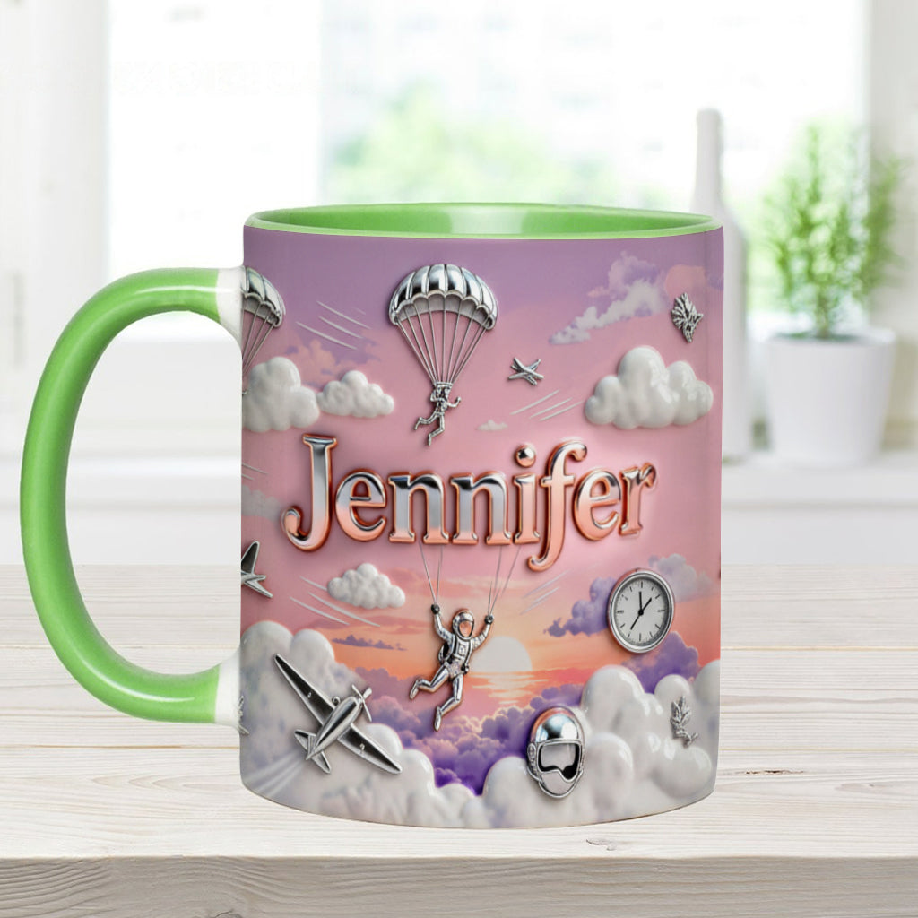 Ich liebe Fallschirmspringen – Personalisierte Tasse und Untersetzer mit Fallschirmspringer-Motiv