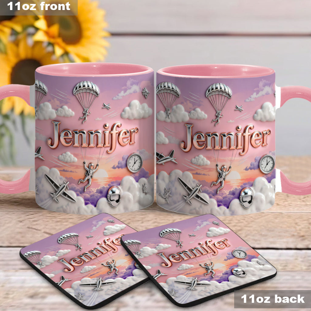 Ich liebe Fallschirmspringen – Personalisierte Tasse und Untersetzer mit Fallschirmspringer-Motiv