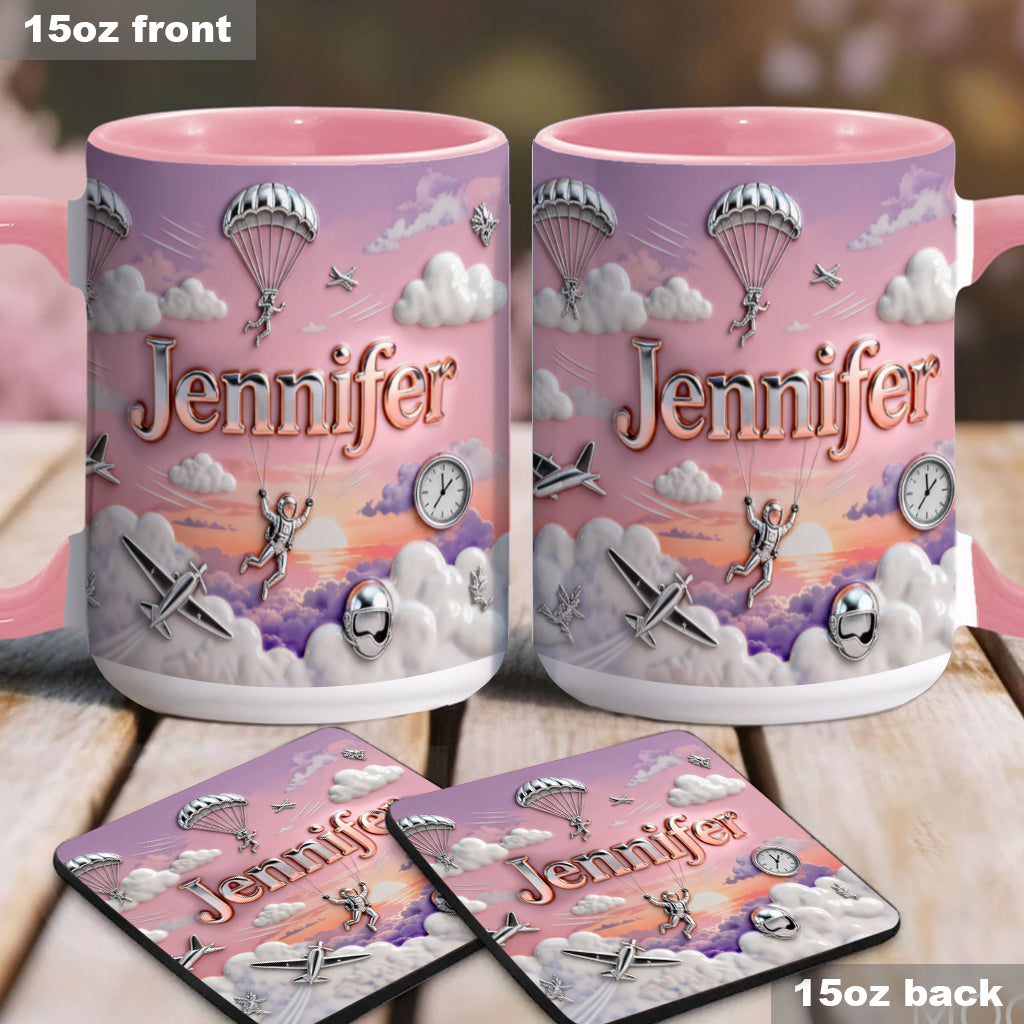 Ich liebe Fallschirmspringen – Personalisierte Tasse und Untersetzer mit Fallschirmspringer-Motiv