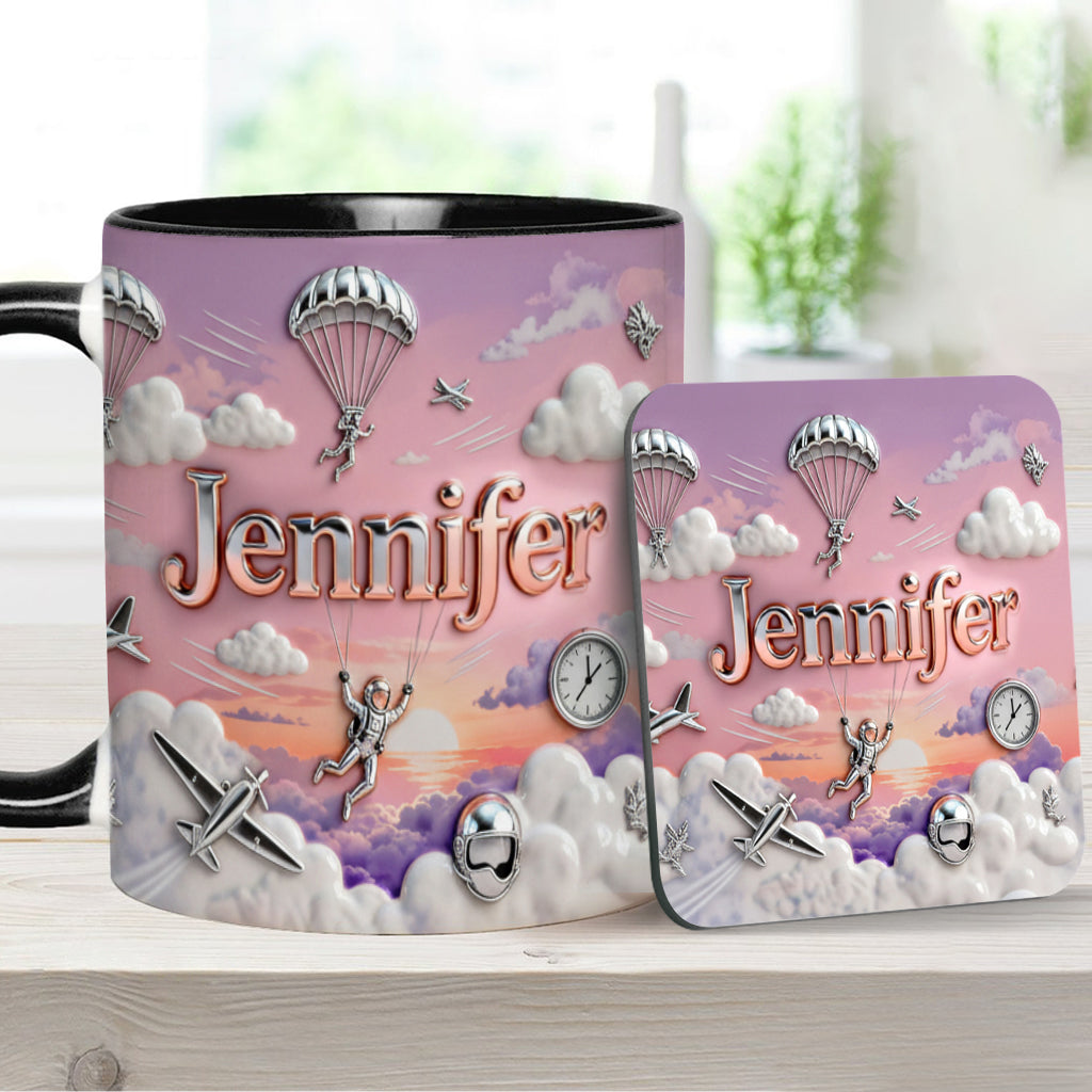 Ich liebe Fallschirmspringen – Personalisierte Tasse und Untersetzer mit Fallschirmspringer-Motiv