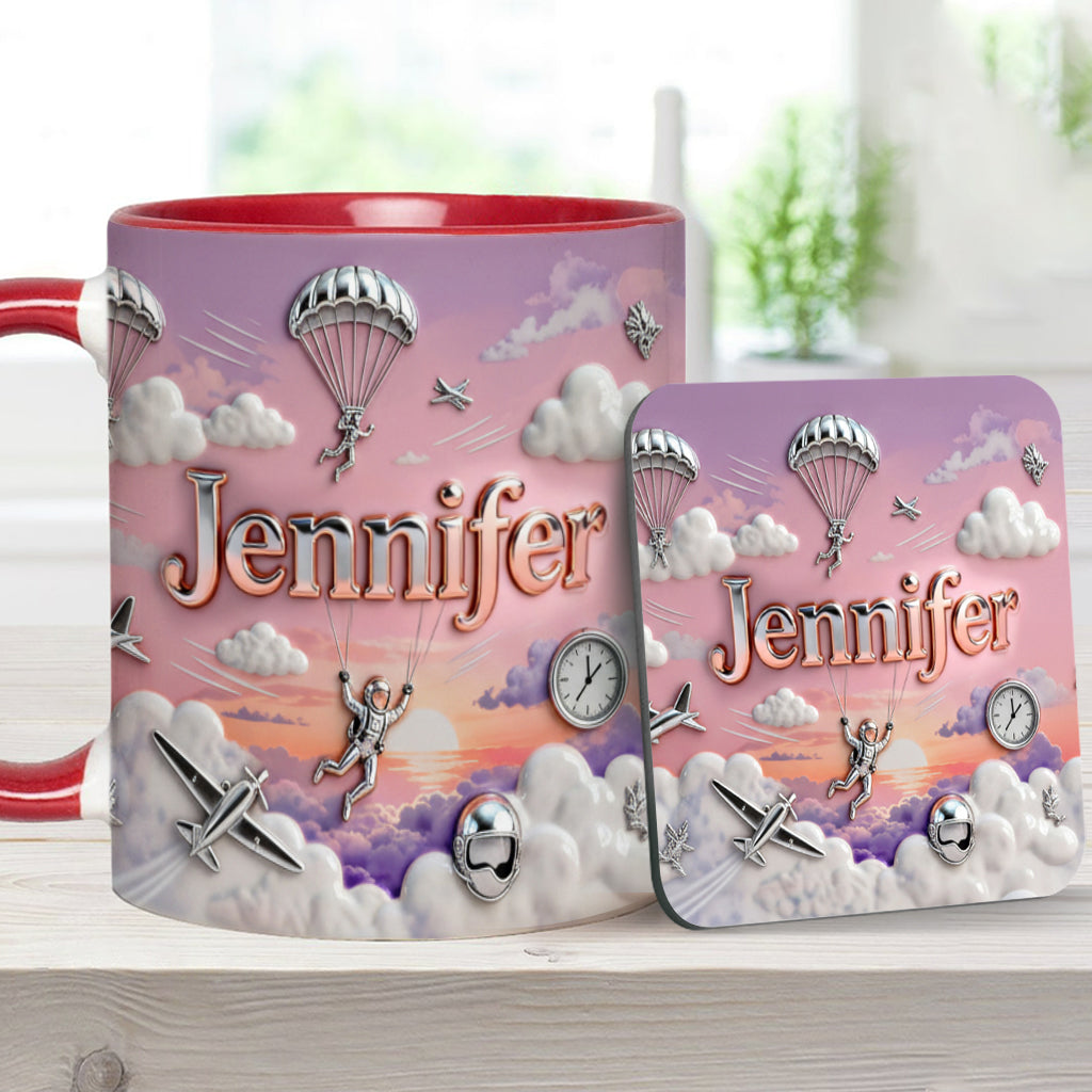 Ich liebe Fallschirmspringen – Personalisierte Tasse und Untersetzer mit Fallschirmspringer-Motiv