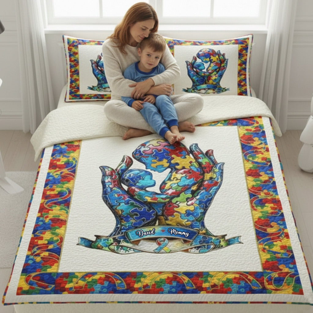 Mom And Kid - Personalized Autism Awareness Quilt Set