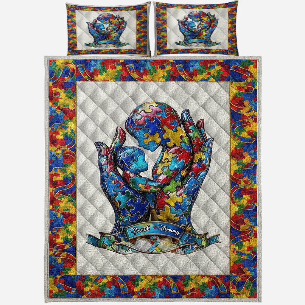 Mom And Kid - Personalized Autism Awareness Quilt Set