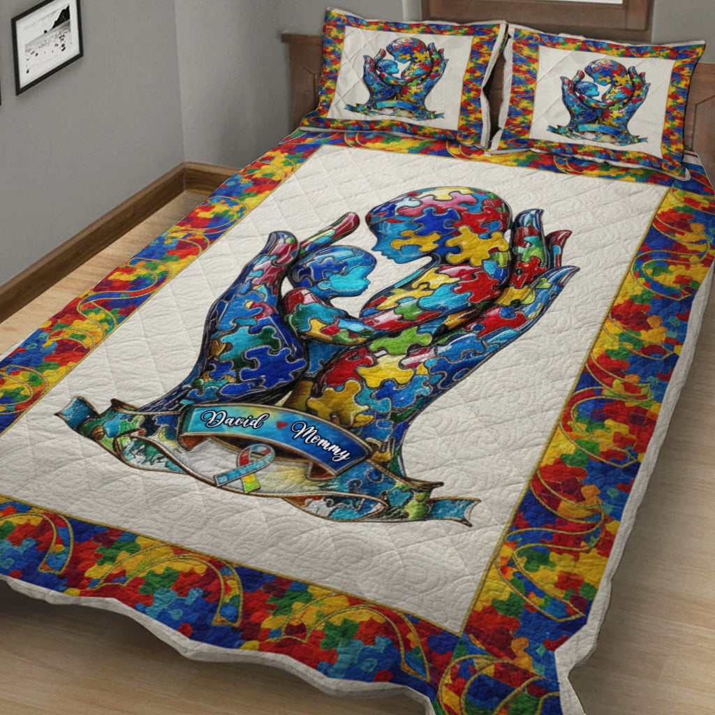 Mom And Kid - Personalized Autism Awareness Quilt Set