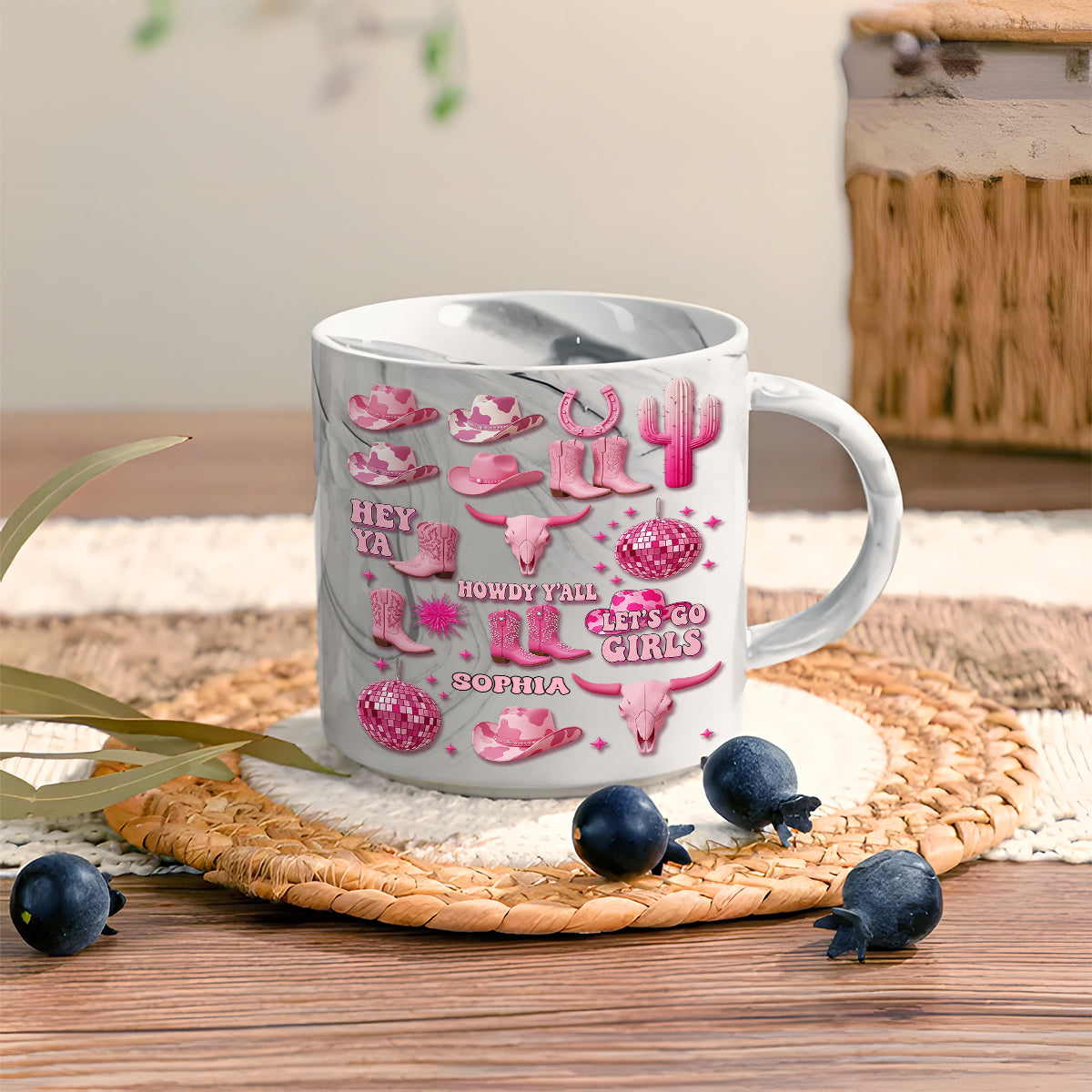 Mug marbré personnalisé « Cowgirl rose »