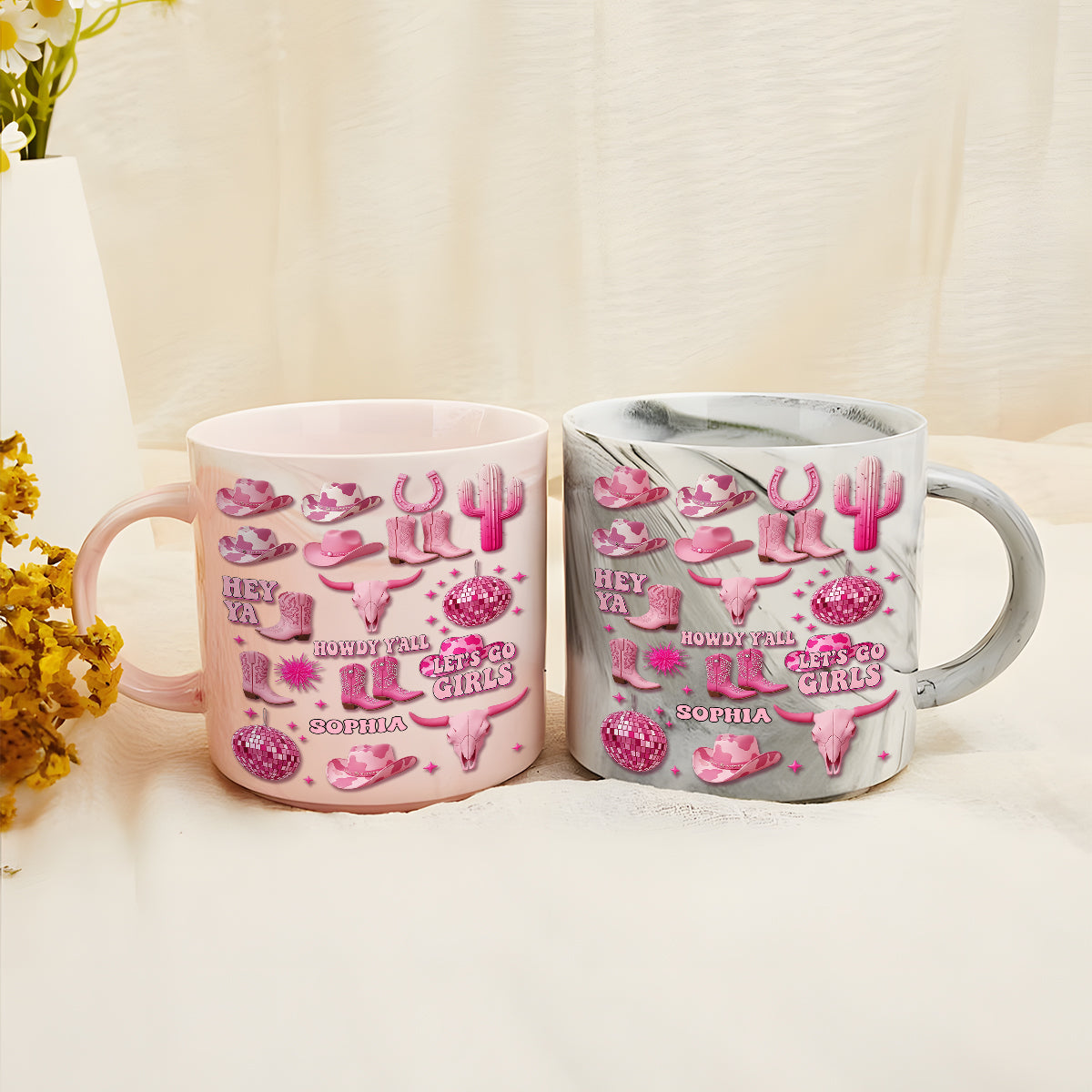 Mug marbré personnalisé « Cowgirl rose »