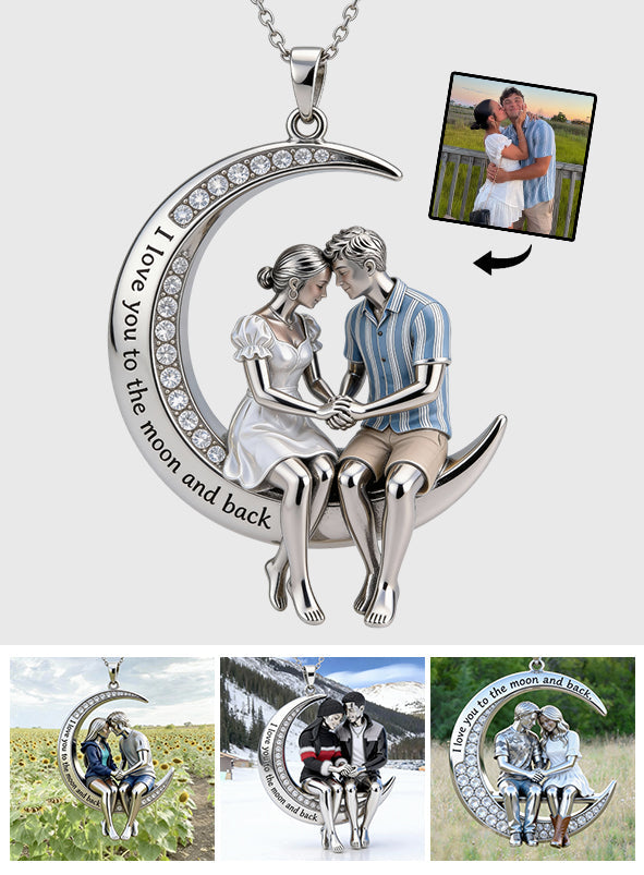 Je t'aime jusqu'à la lune et retour - Collier pendentif en métal personnalisé pour couple