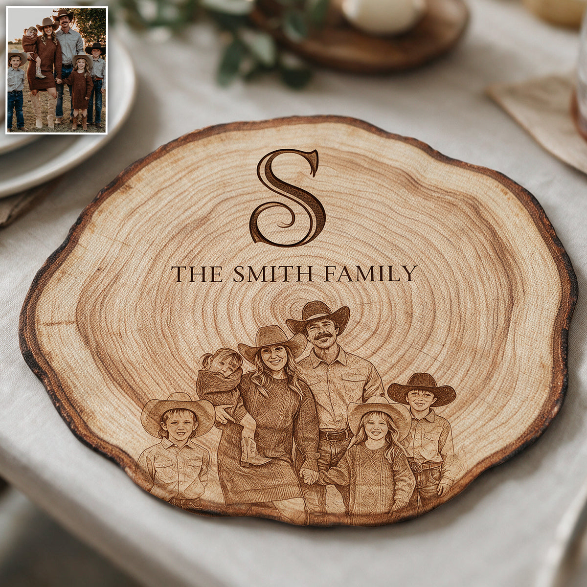 Rustikales graviertes Familienbaum-Design - Personalisierte Familien-Platzmatte