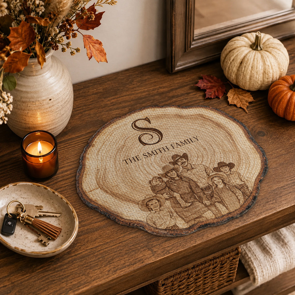 Rustikales graviertes Familienbaum-Design - Personalisierte Familien-Platzmatte
