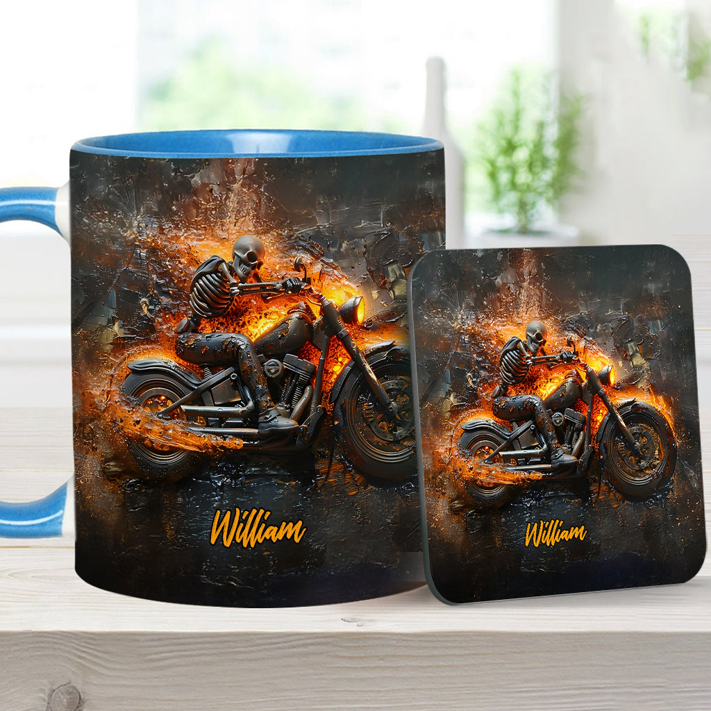 Mug personnalisé pour motard avec squelette sur une moto enflammée