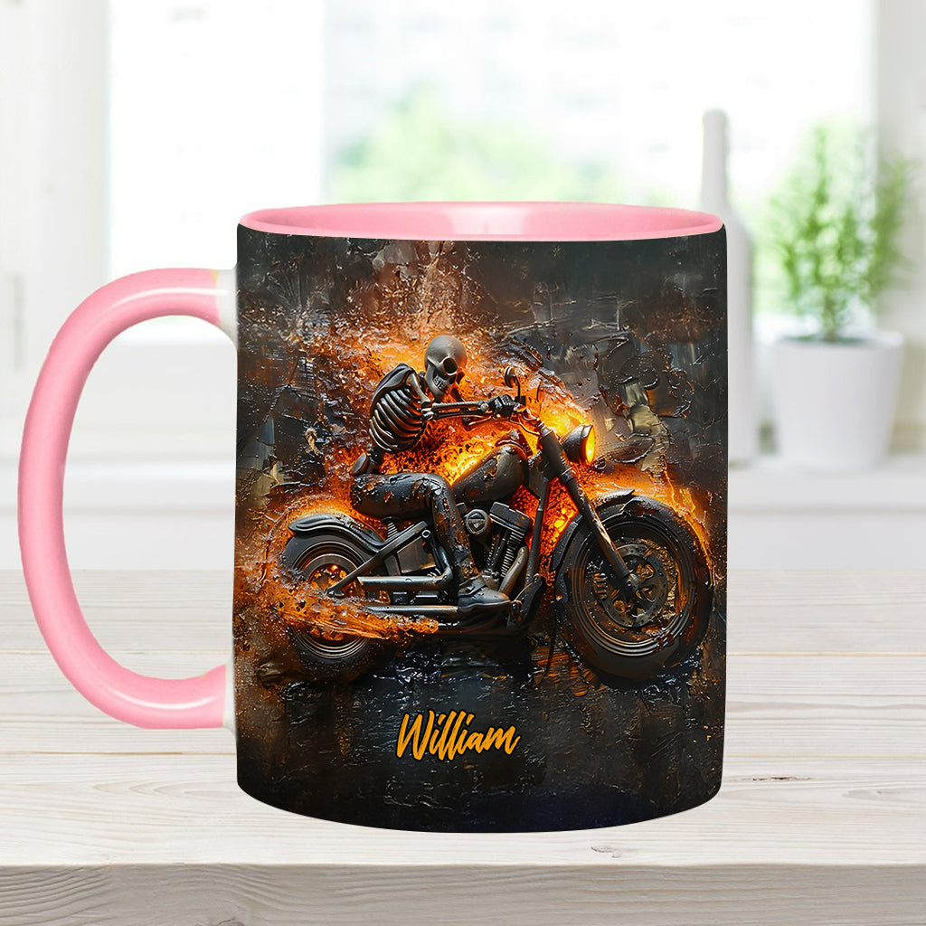 Mug personnalisé pour motard avec squelette sur une moto enflammée