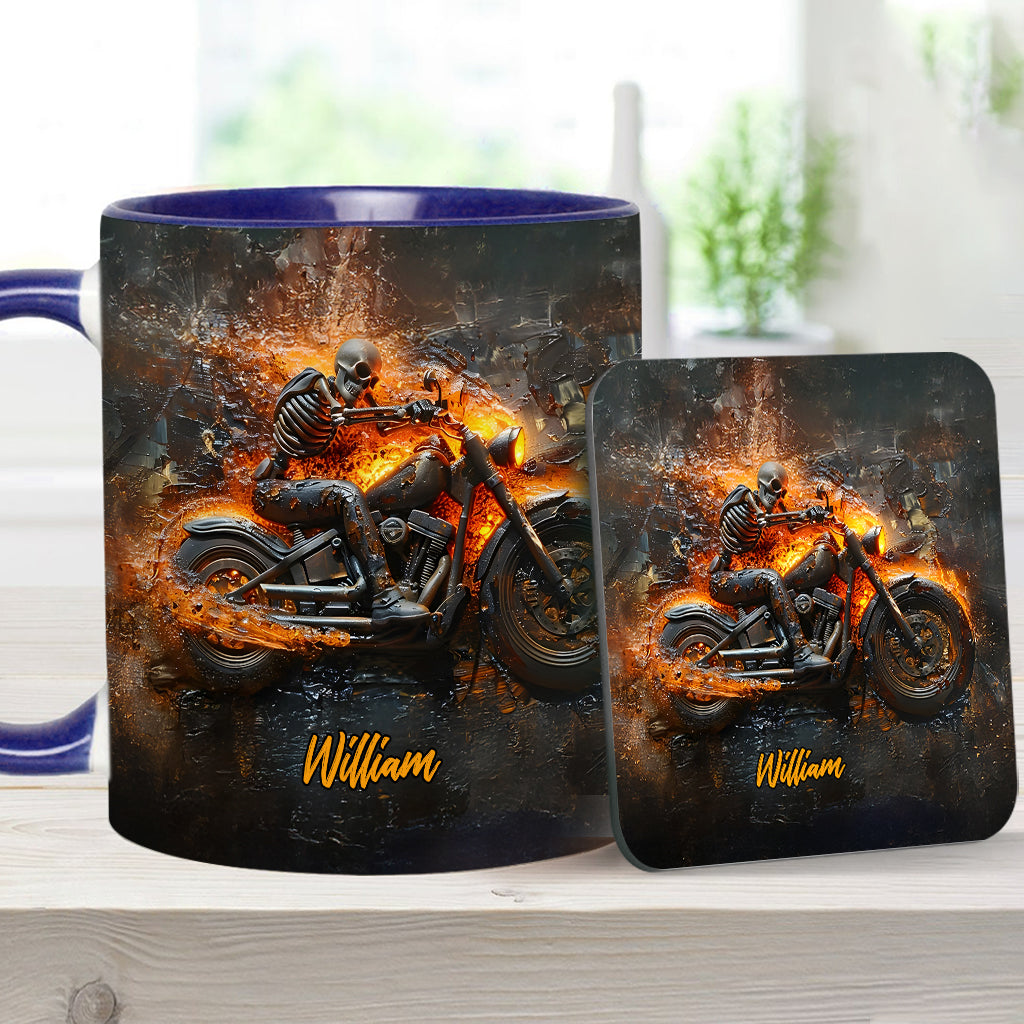 Mug personnalisé pour motard avec squelette sur une moto enflammée