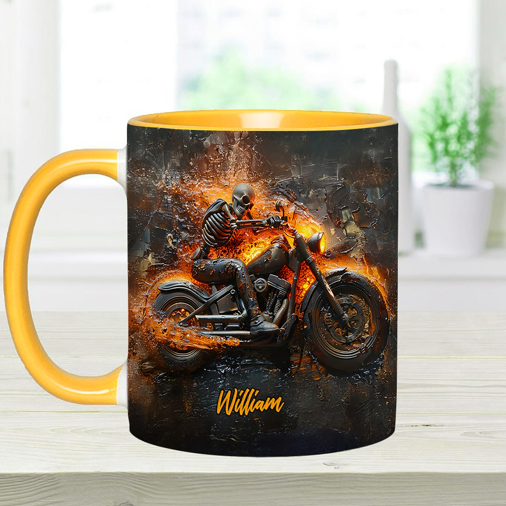 Mug personnalisé pour motard avec squelette sur une moto enflammée