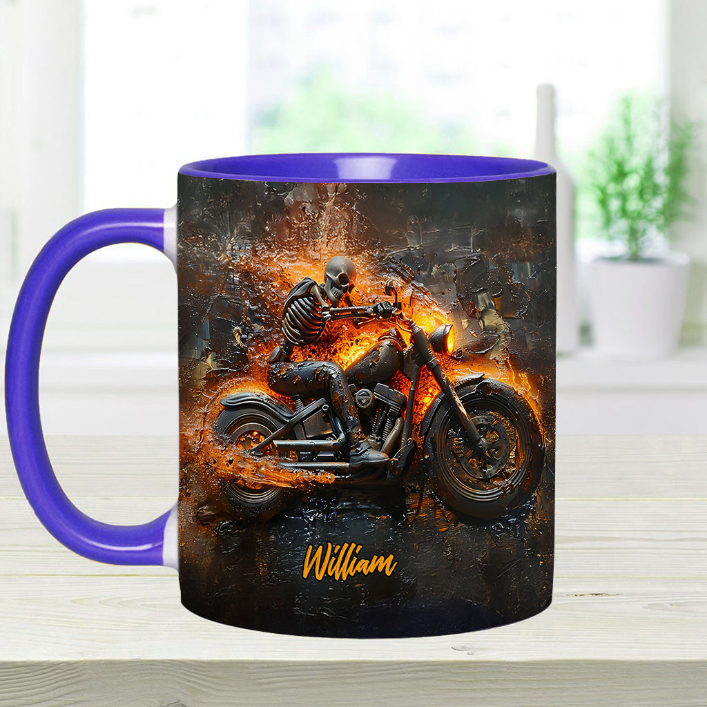 Mug personnalisé pour motard avec squelette sur une moto enflammée