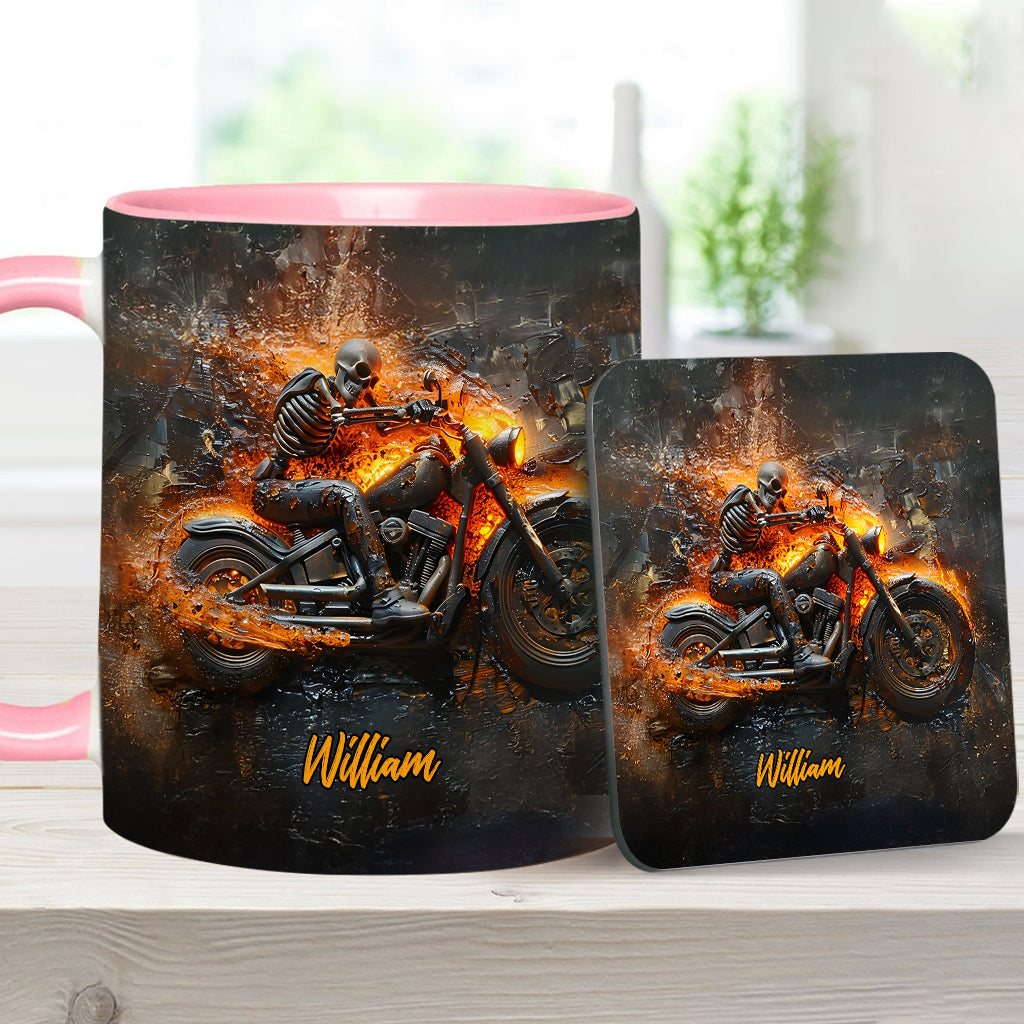 Mug personnalisé pour motard avec squelette sur une moto enflammée