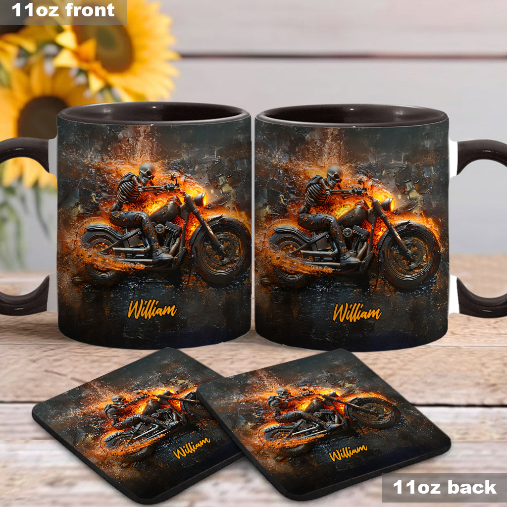 Mug personnalisé pour motard avec squelette sur une moto enflammée